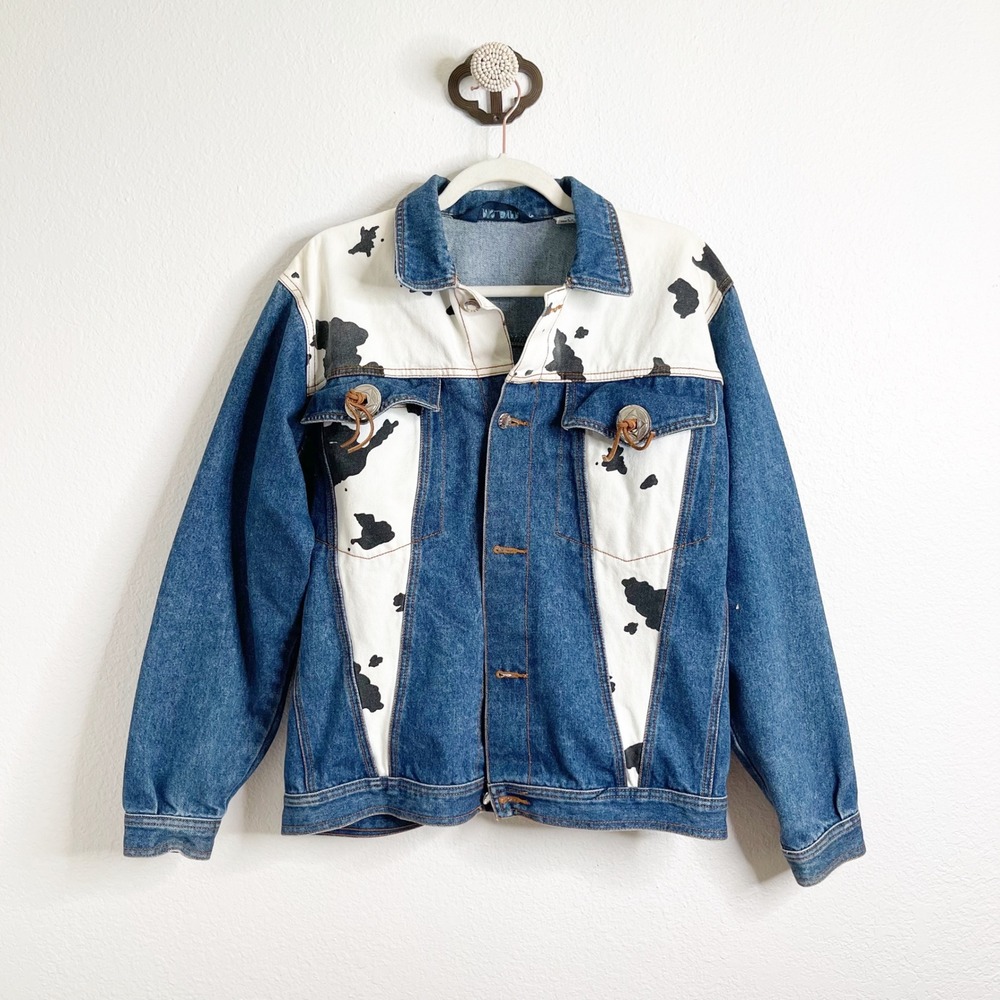 Paris Express Vintage Cow Print Denim Jacket Western Concho Medium Wash M